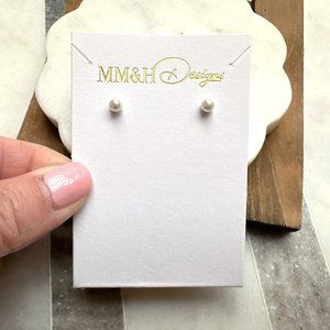 Small White Crystal Pearl Stud Earrings | 14k Yellow Gold Filled